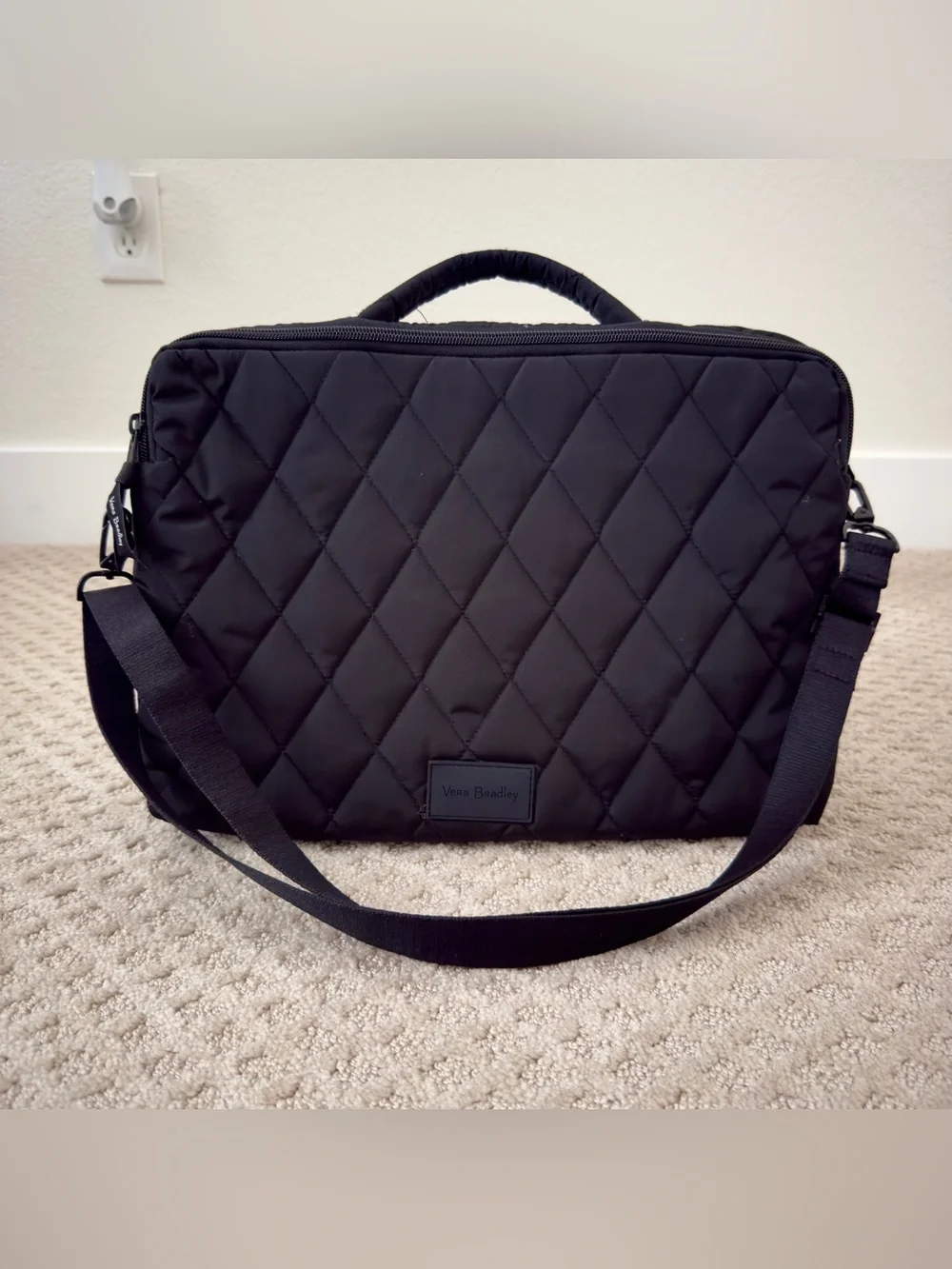 Vera Bradley Black Quilted Laptop Bag with top handle and adjustable strap